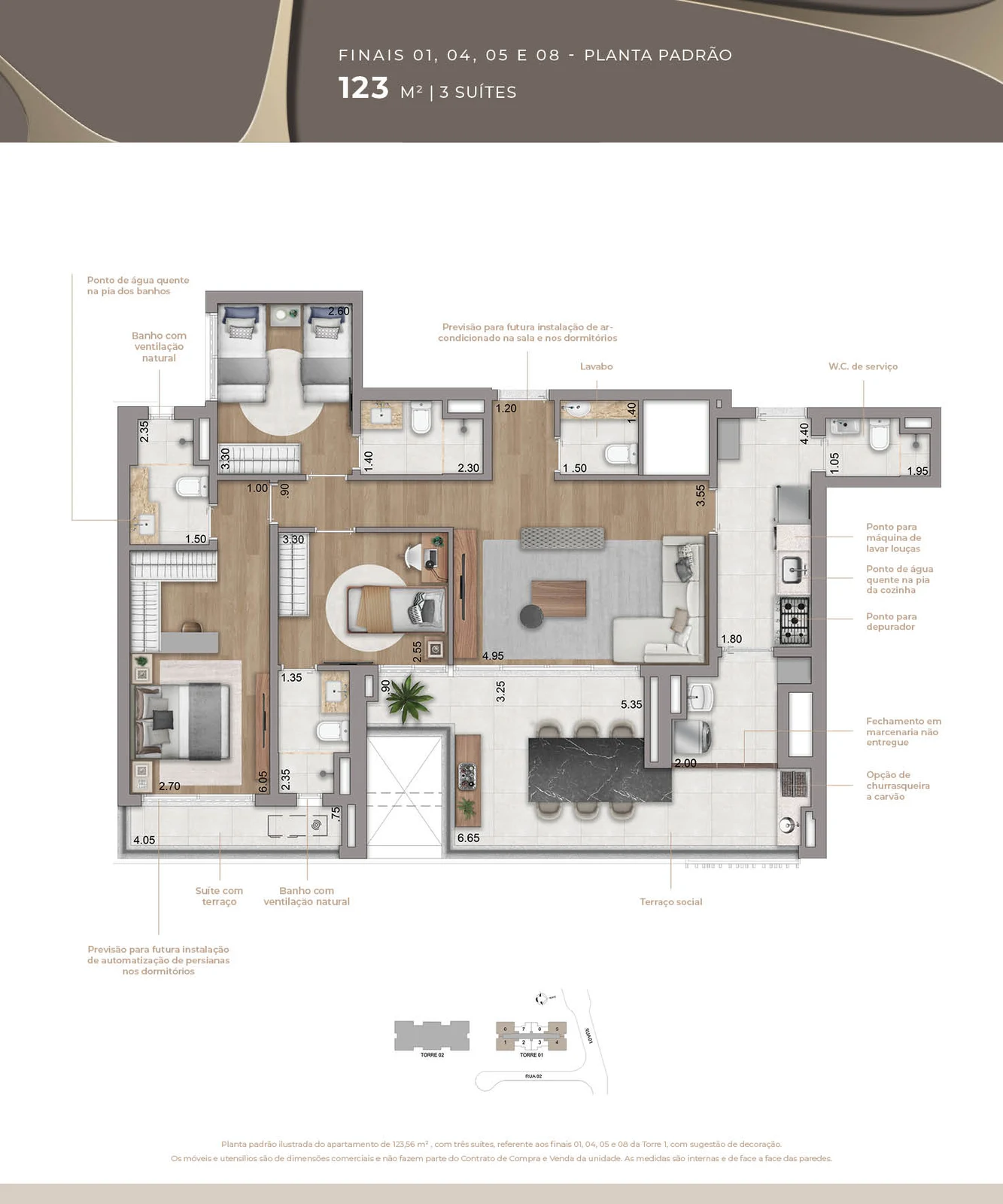 Torre 1 · 123 m² · 3 suítes